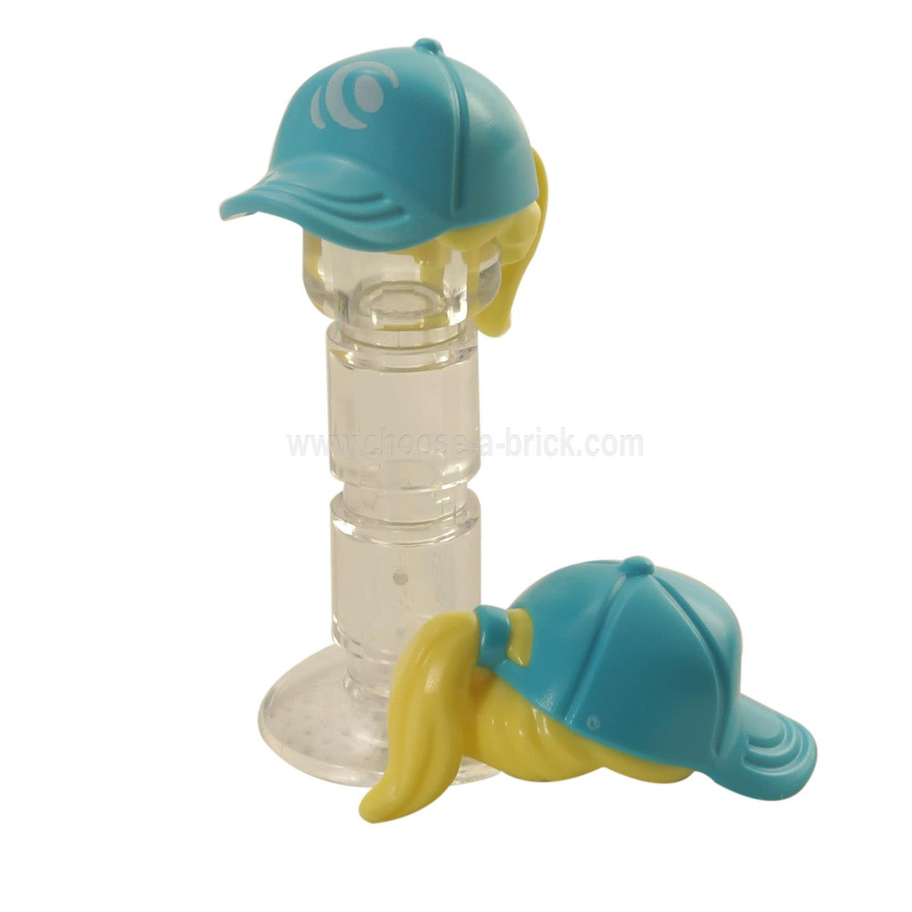 Bright Light Yellow Minifigure, Hair Combo, Hair with Hat, Ponytail with Medium Azure Ball Cap and White Wave Logo Pattern