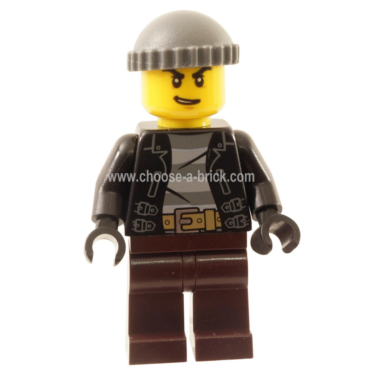 LEGO Minifigure City Bandit Crook, Black Leather Jacket, Dark Bluish Gray Knit Cap, Dark Brown Legs - cty1133new - jacket detail