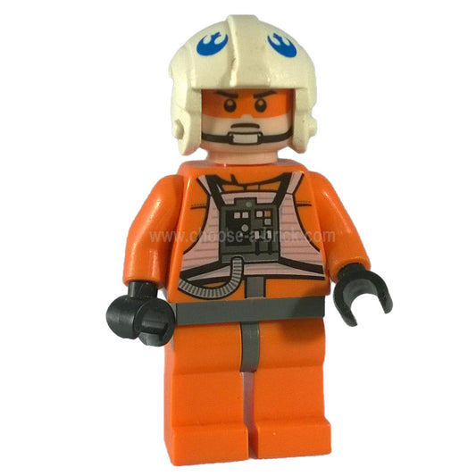 LEGO® Star Wars Rebel Pilot X minifigure (sw0399) in an orange flight suit with a detailed pilot torso print, black gloves, and a white Rebel Alliance helmet with blue insignia.