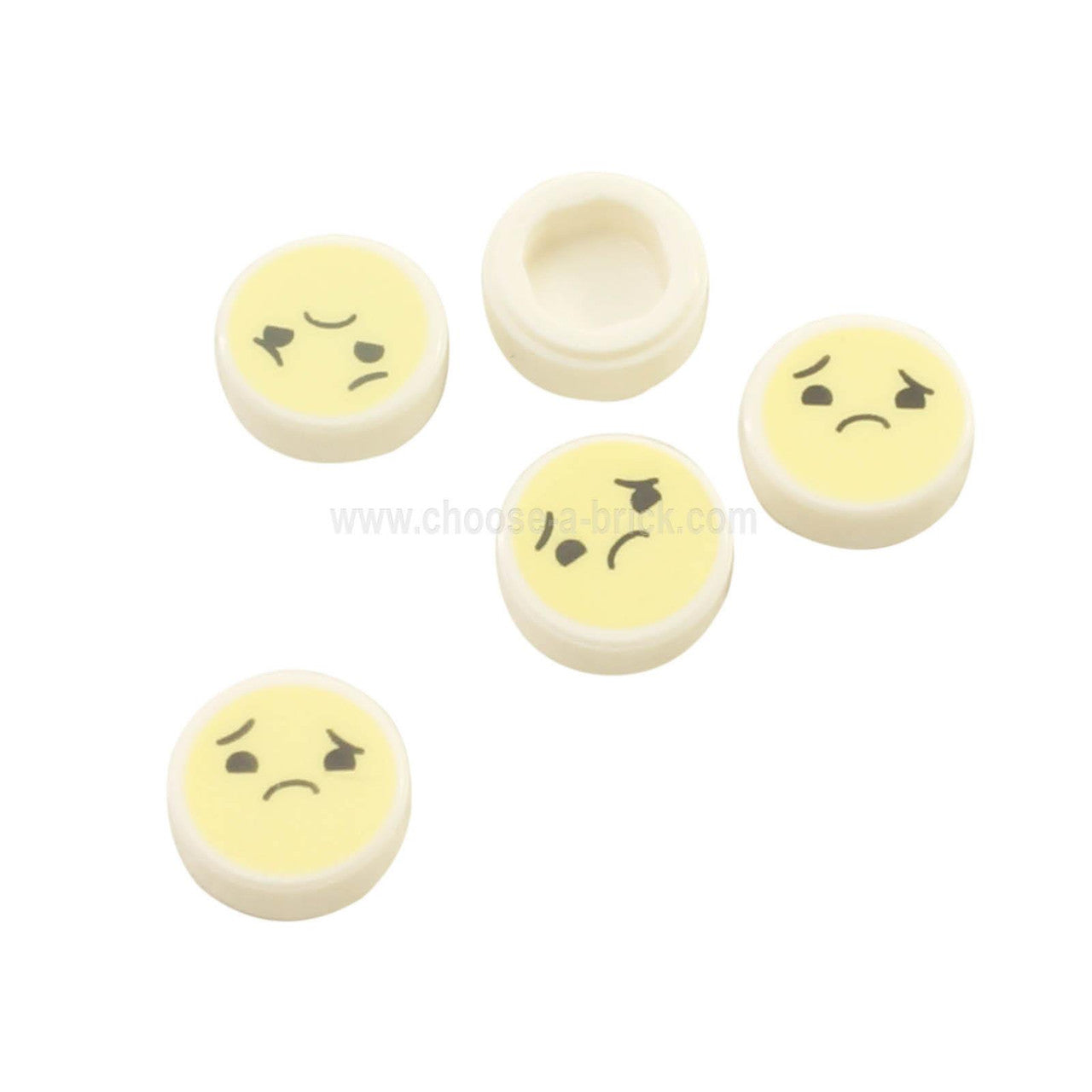 White Tile, Round 1 x 1 with Emoji, Bright Light Yellow Face, Worried with Raised Right Eyebrow Pattern