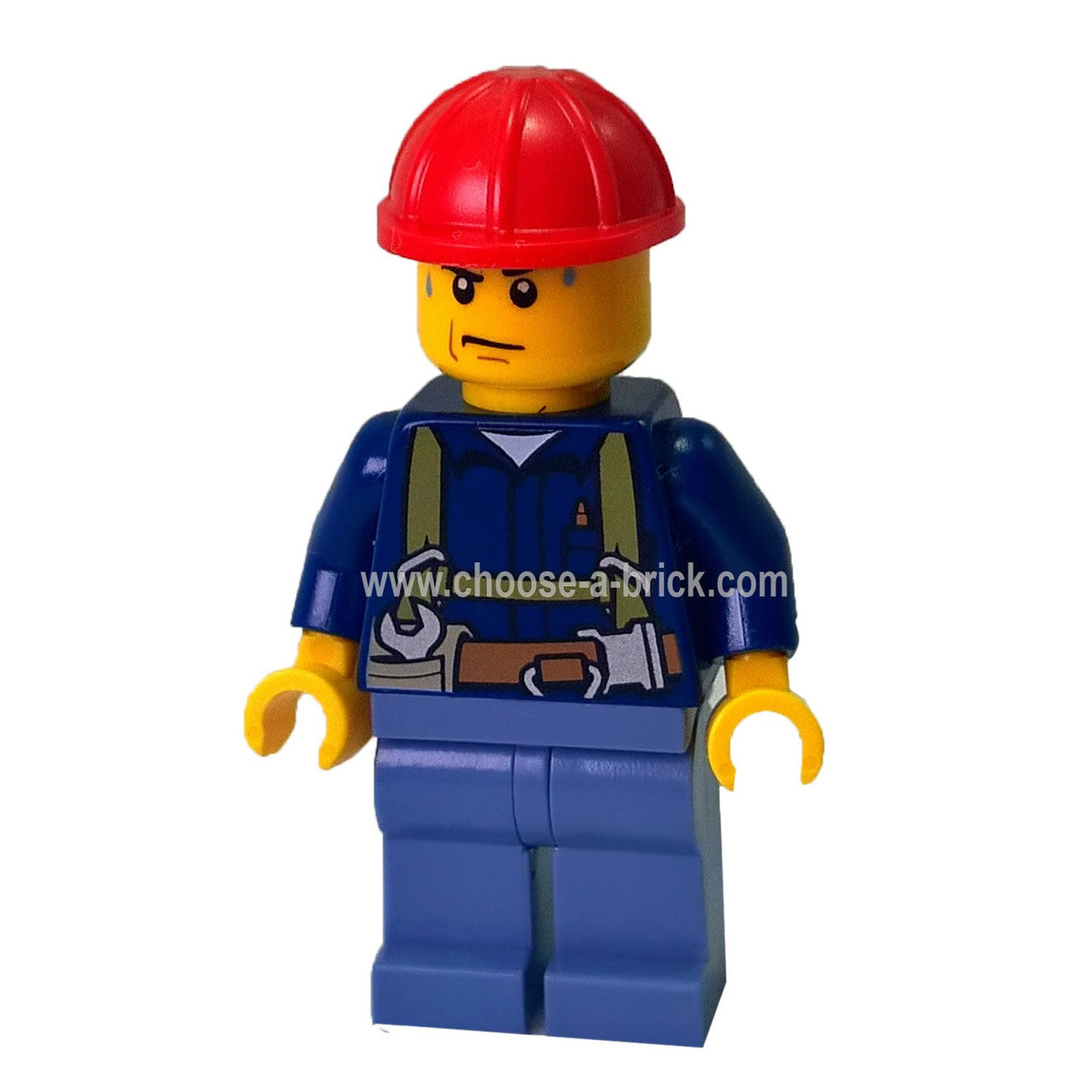 LEGO Minifigure Construction Worker wearing a shirt with harness and wrench, sand blue legs, and red helmet, sweat drops on face - cty0530new