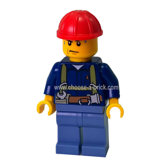 LEGO Minifigure Construction Worker wearing a shirt with harness and wrench, sand blue legs, and red helmet, sweat drops on face - cty0530new