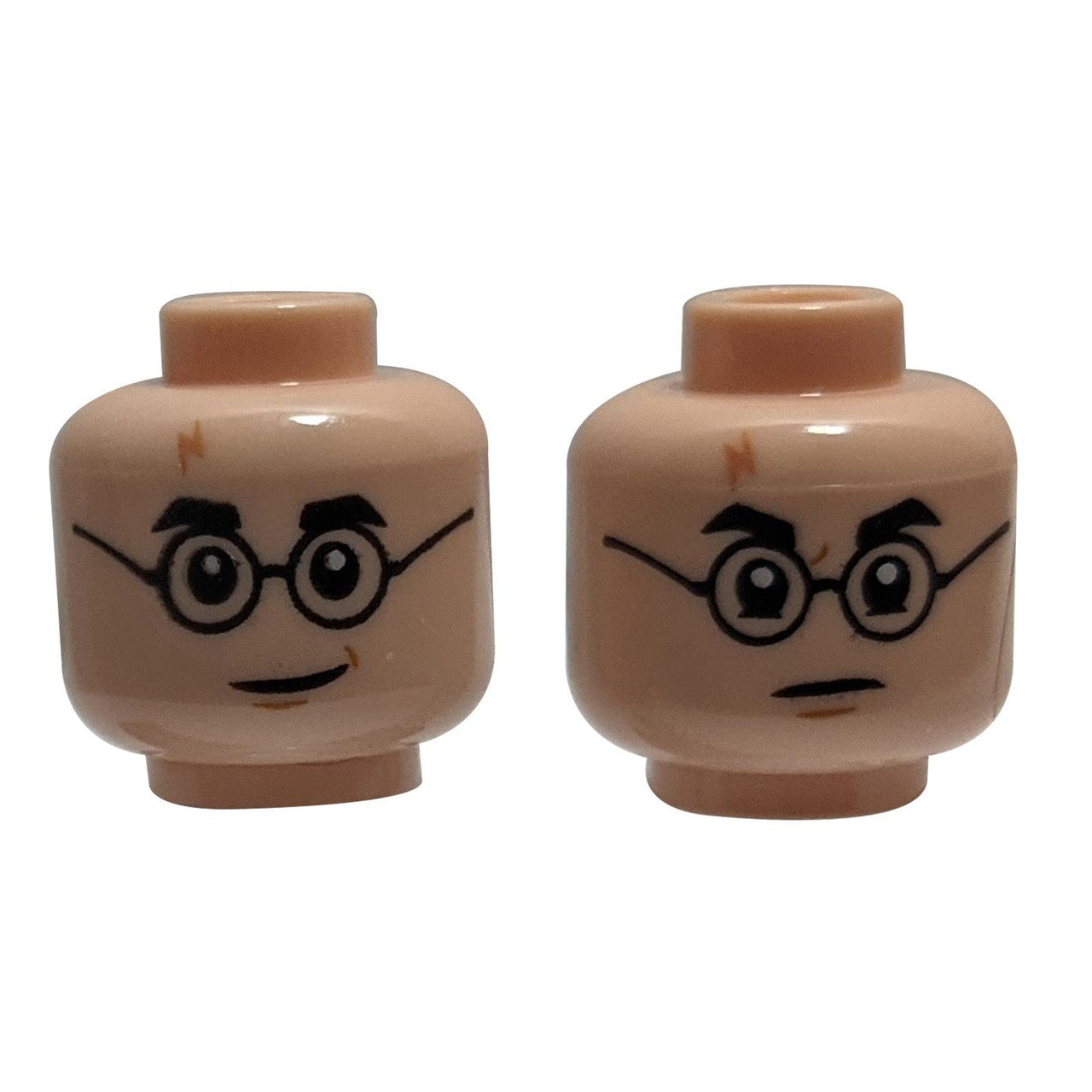 Dual-sided LEGO® minifigure head with a lightning scar, black eyebrows and glasses, and smile/angry expressions.